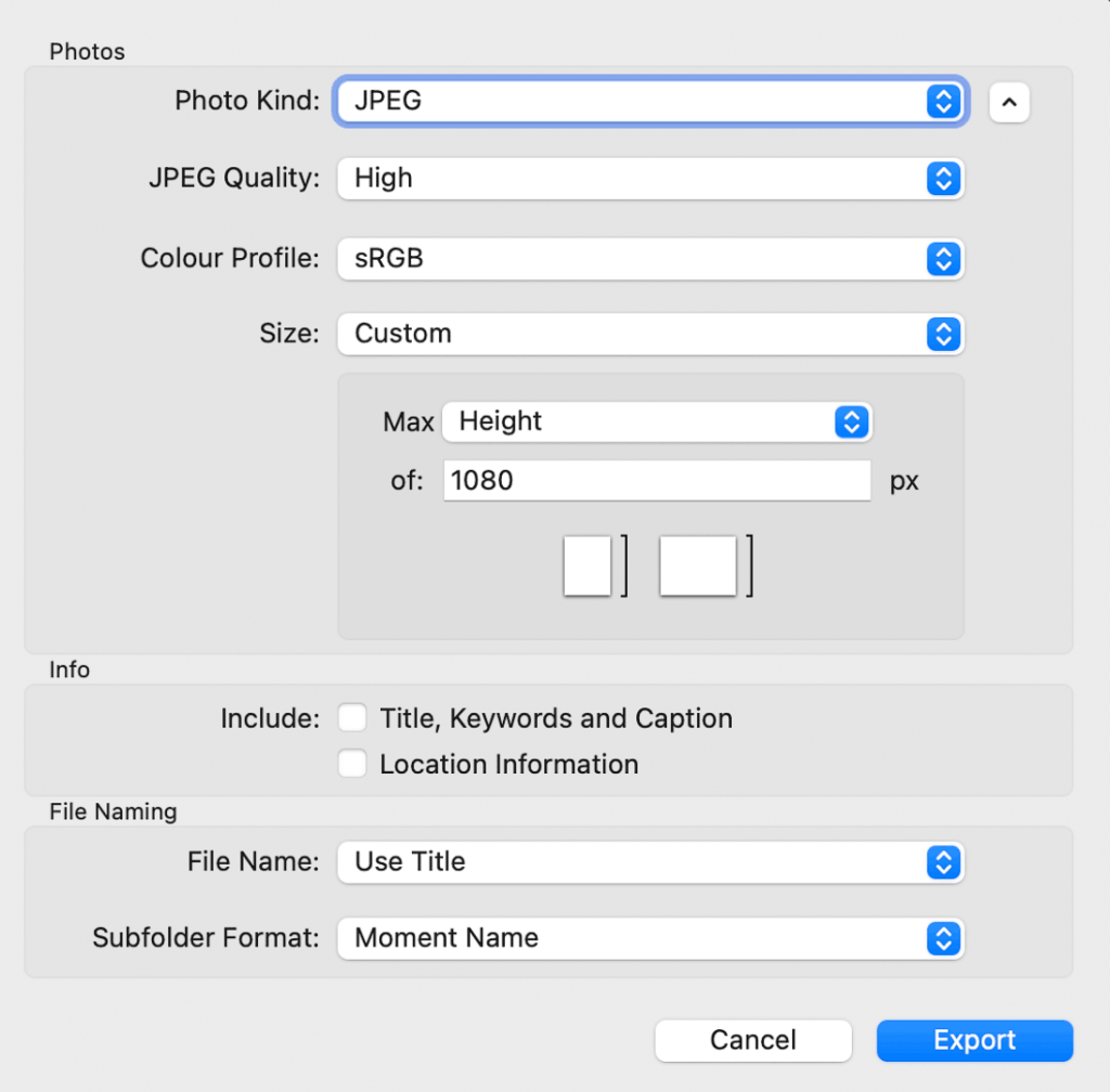 Apple photos export panel