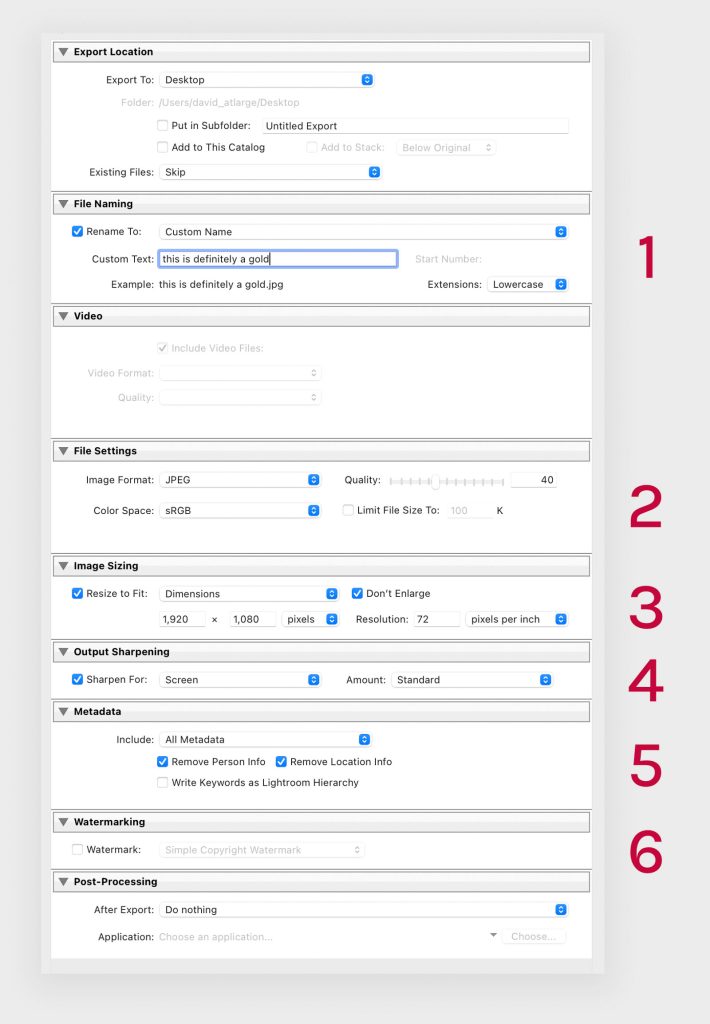 Lightroom export panel
